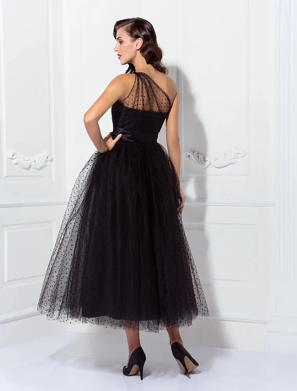 Aimishang  A-Line Cocktail Dresses 1950s Dress Wedding Guest Ankle Length Sleeveless One Shoulder Wednesday Addams Family Tulle with Pleats Pattern / Print