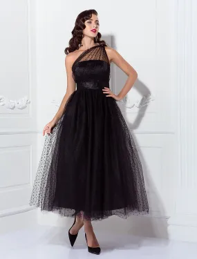 Aimishang  A-Line Cocktail Dresses 1950s Dress Wedding Guest Ankle Length Sleeveless One Shoulder Wednesday Addams Family Tulle with Pleats Pattern / Print