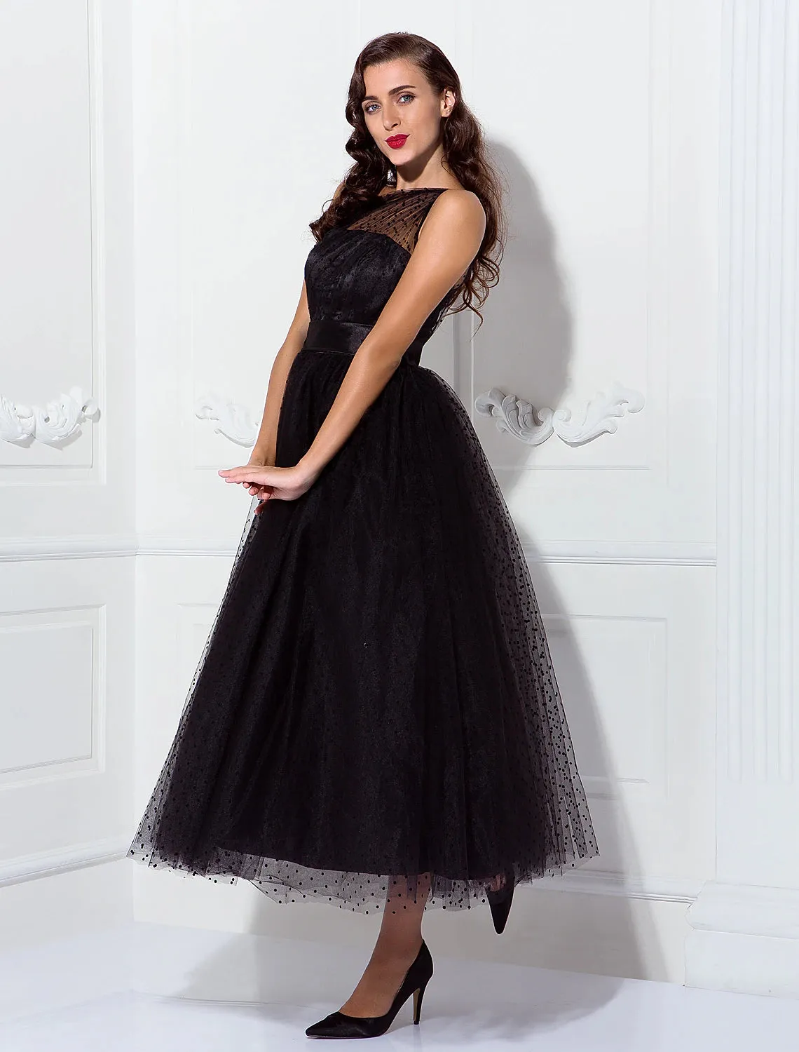 Aimishang  A-Line Cocktail Dresses 1950s Dress Wedding Guest Ankle Length Sleeveless One Shoulder Wednesday Addams Family Tulle with Pleats Pattern / Print