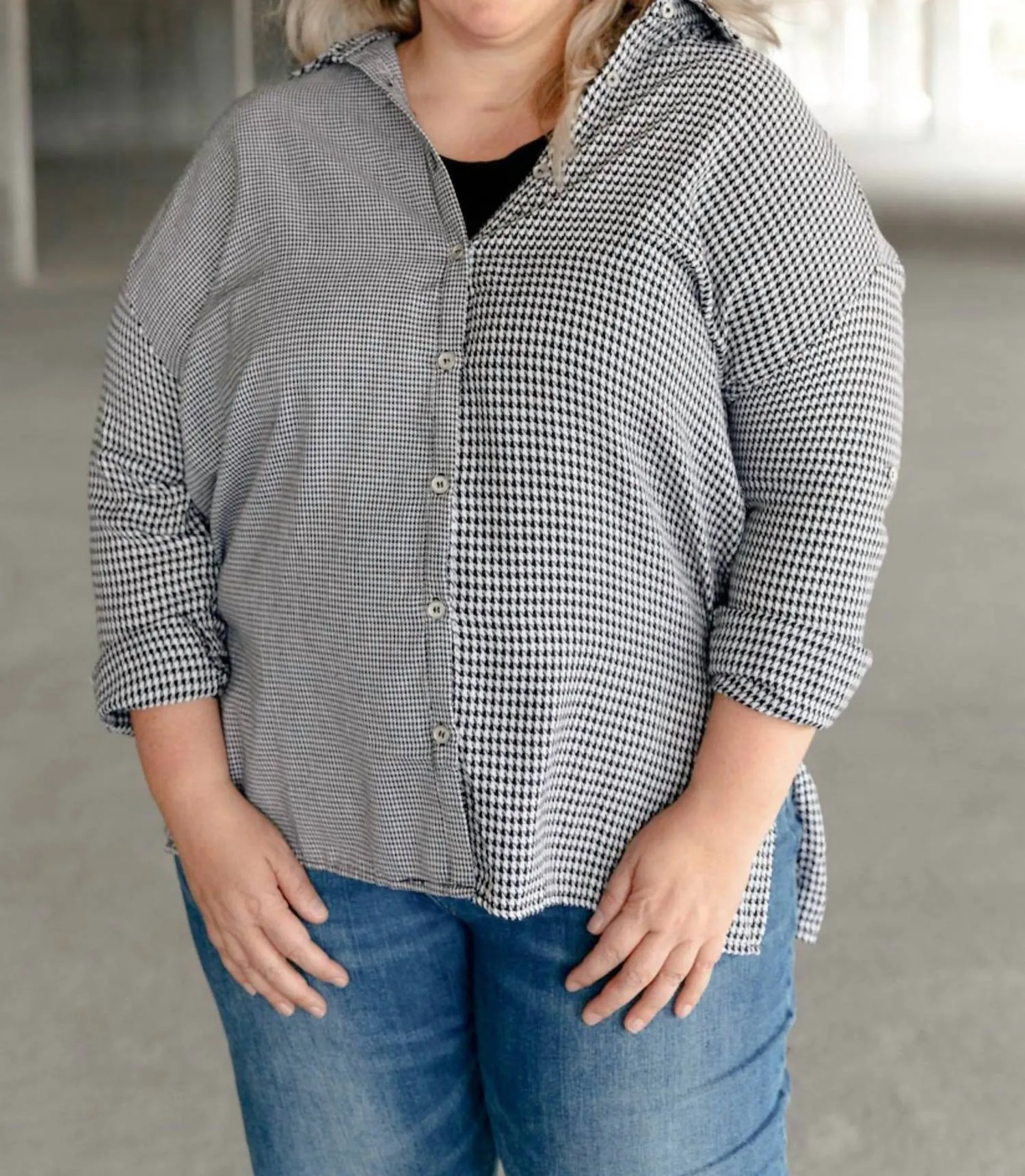Andree By Unit - Mixed Houndstooth Button Up Top