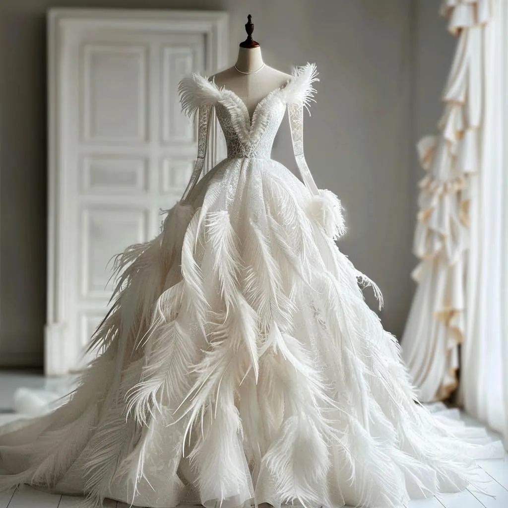 Freya  Champagne Princess Feather Touch White Long Sleeves Ball Gown Wedding Dress