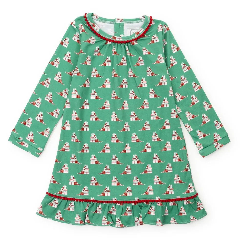 Lila & Hayes Girls Carlin Nightgown - Green Santa's Helper Elf
